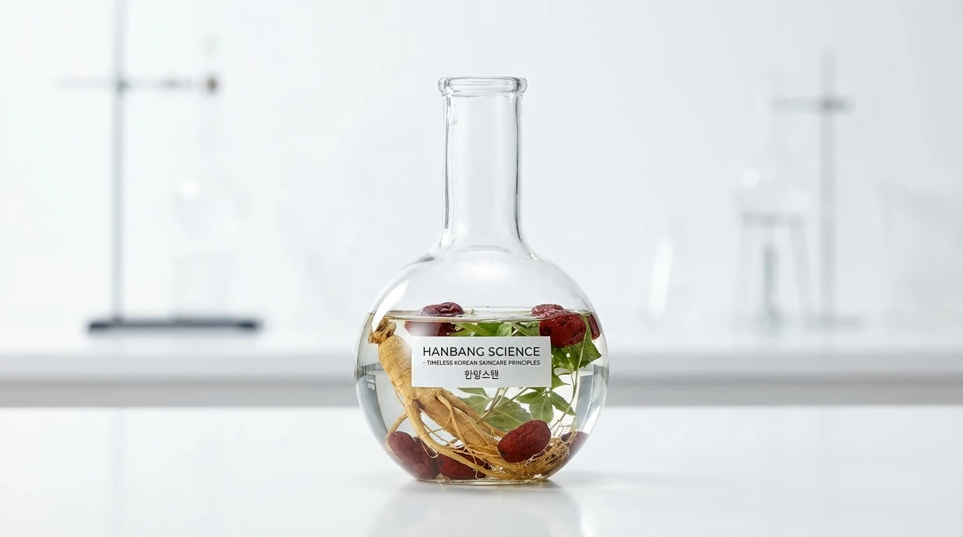 Clean studio shot of a flask and ginseng showing hanbang ingredients and timeless skin care principles