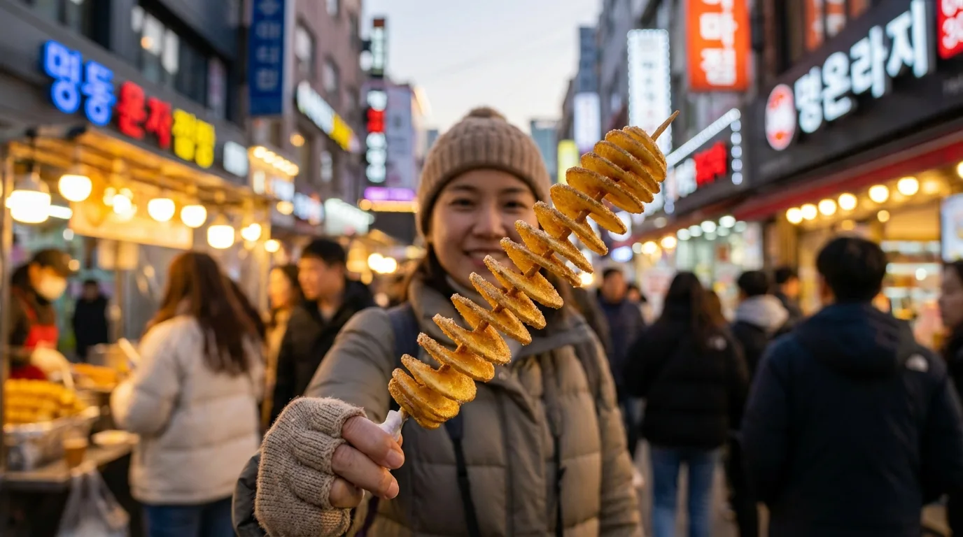 Tourist enjoying Myeongdong street food