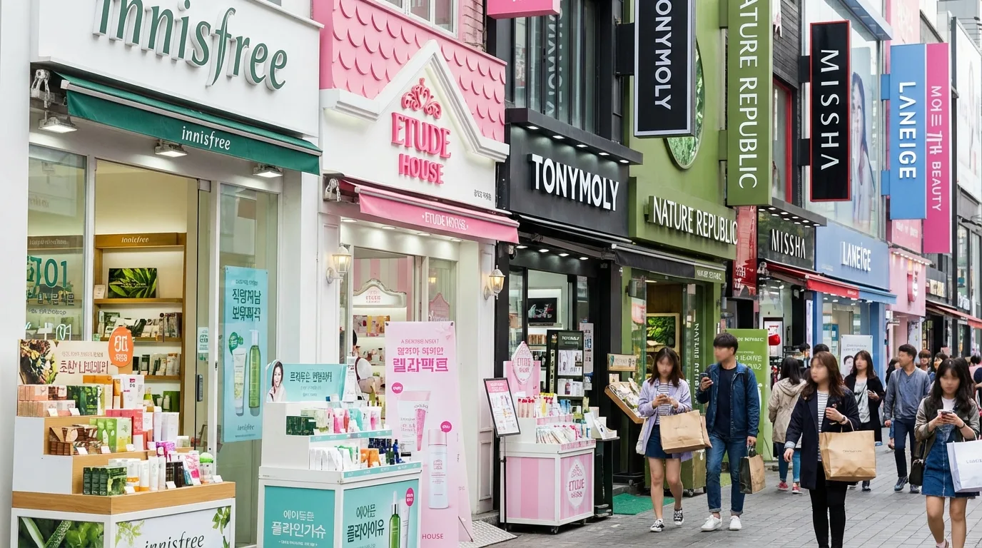 Dense Myeongdong block for K-beauty comparison shopping