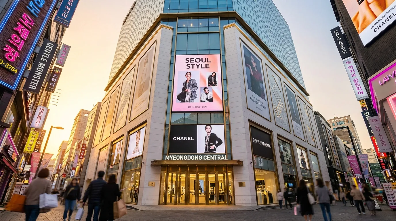 명동 상권의 중심을 보여 주는 백화점과 패션 매장 전경