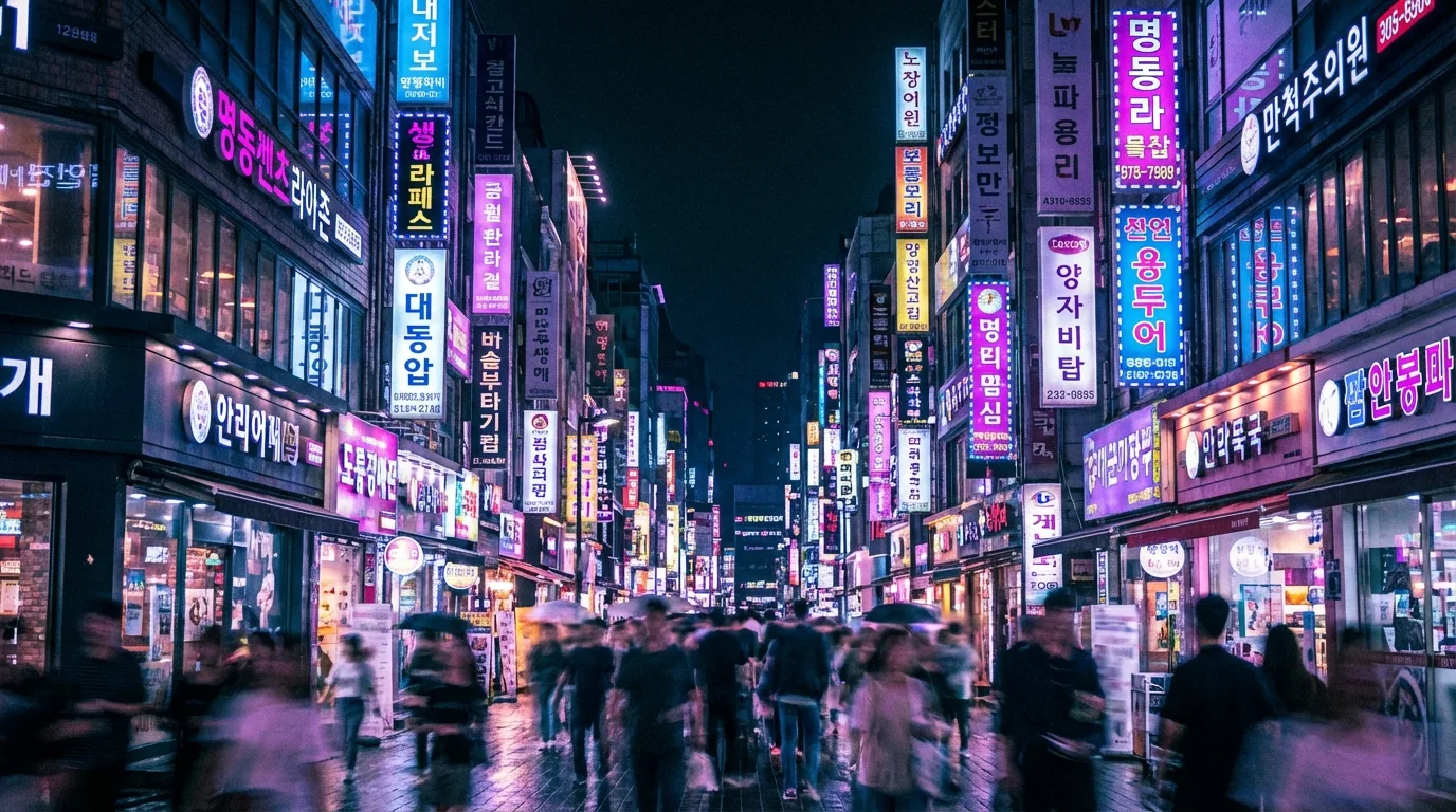 Myeongdong nightscape with layered neon signs and storefront light