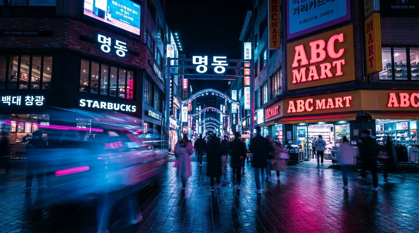 명동 밤거리 네온사인과 간판이 겹치는 야경