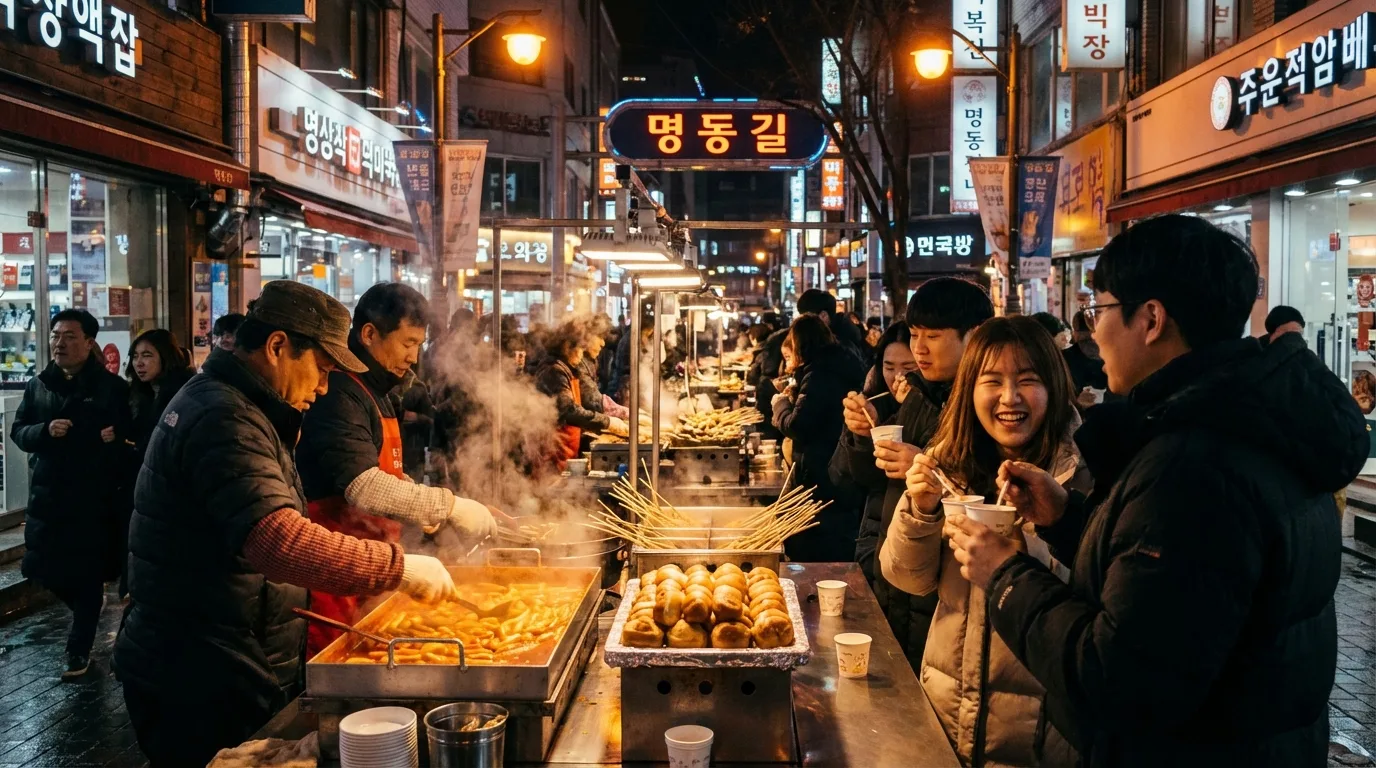 Myeongdong night market street food and evening crowd