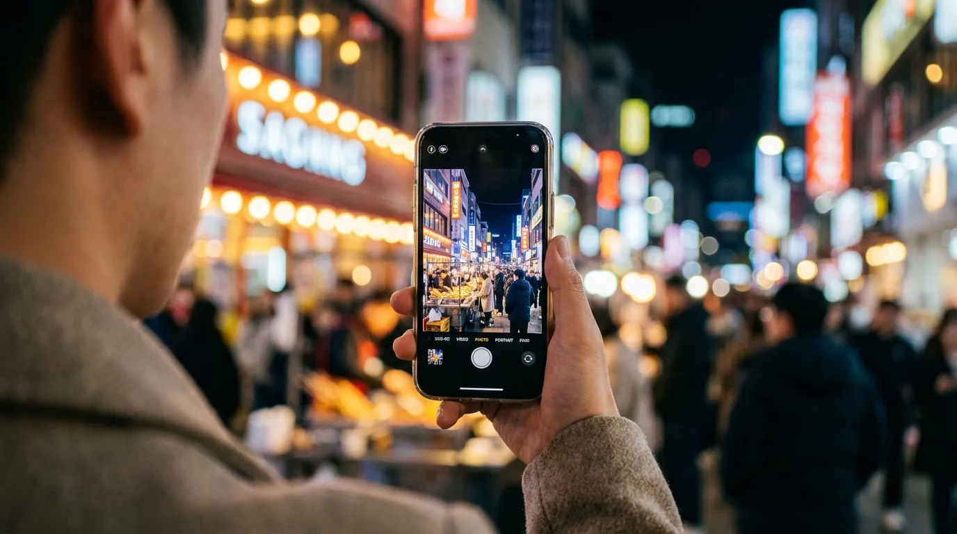 Traveler taking Myeongdong night street photos
