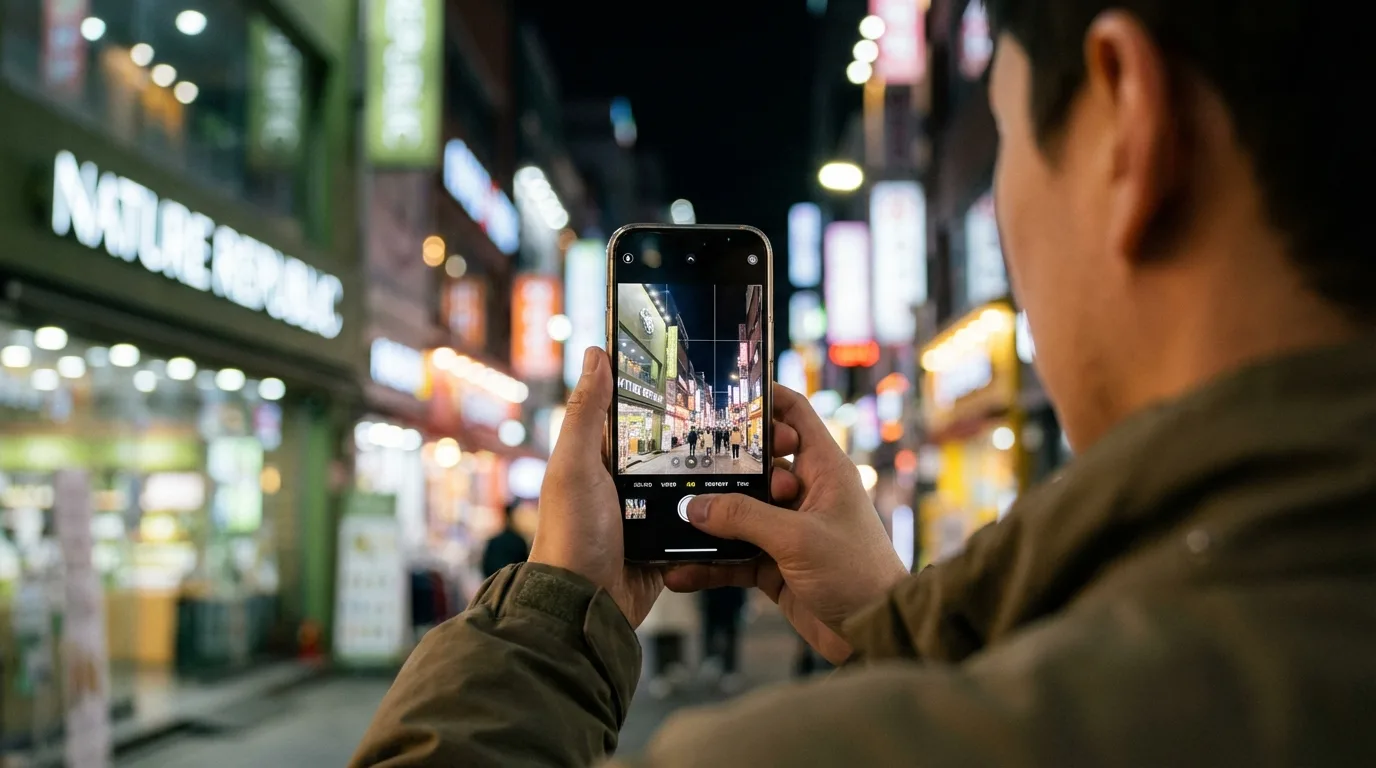 명동 밤거리 스냅을 찍는 여행자 장면