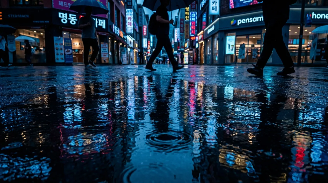 Neon reflections on a wet Myeongdong street after rain