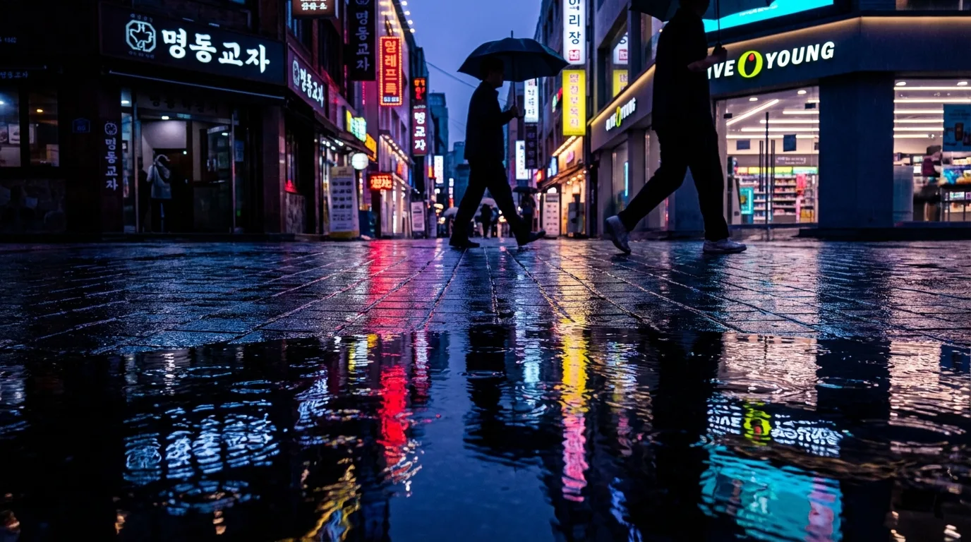 비오는 날 명동 밤거리 네온사인 반사 장면