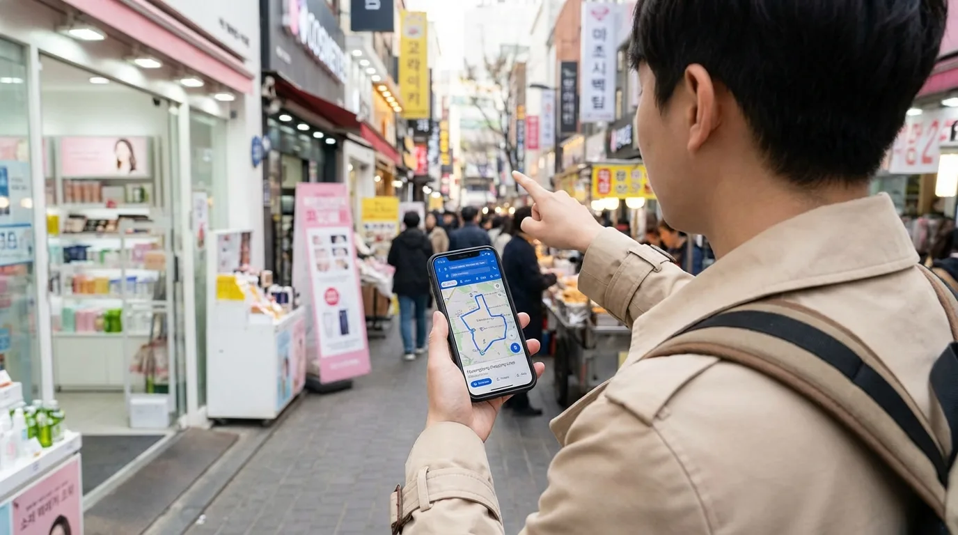 Traveler checking a shopping route in Myeongdong alleys