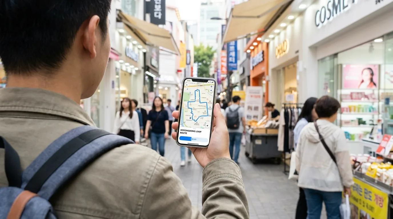 명동 골목길에서 쇼핑 동선을 확인하는 여행객