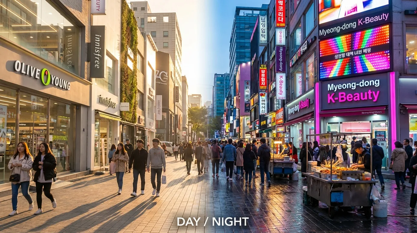 낮과 밤 분위기가 다른 명동 쇼핑 거리 장면