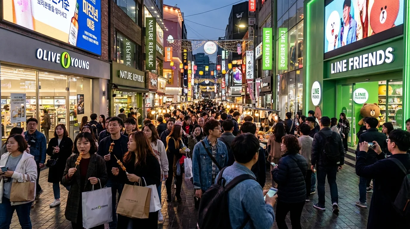 Myeongdong shopping street at night with signs and crowd flow