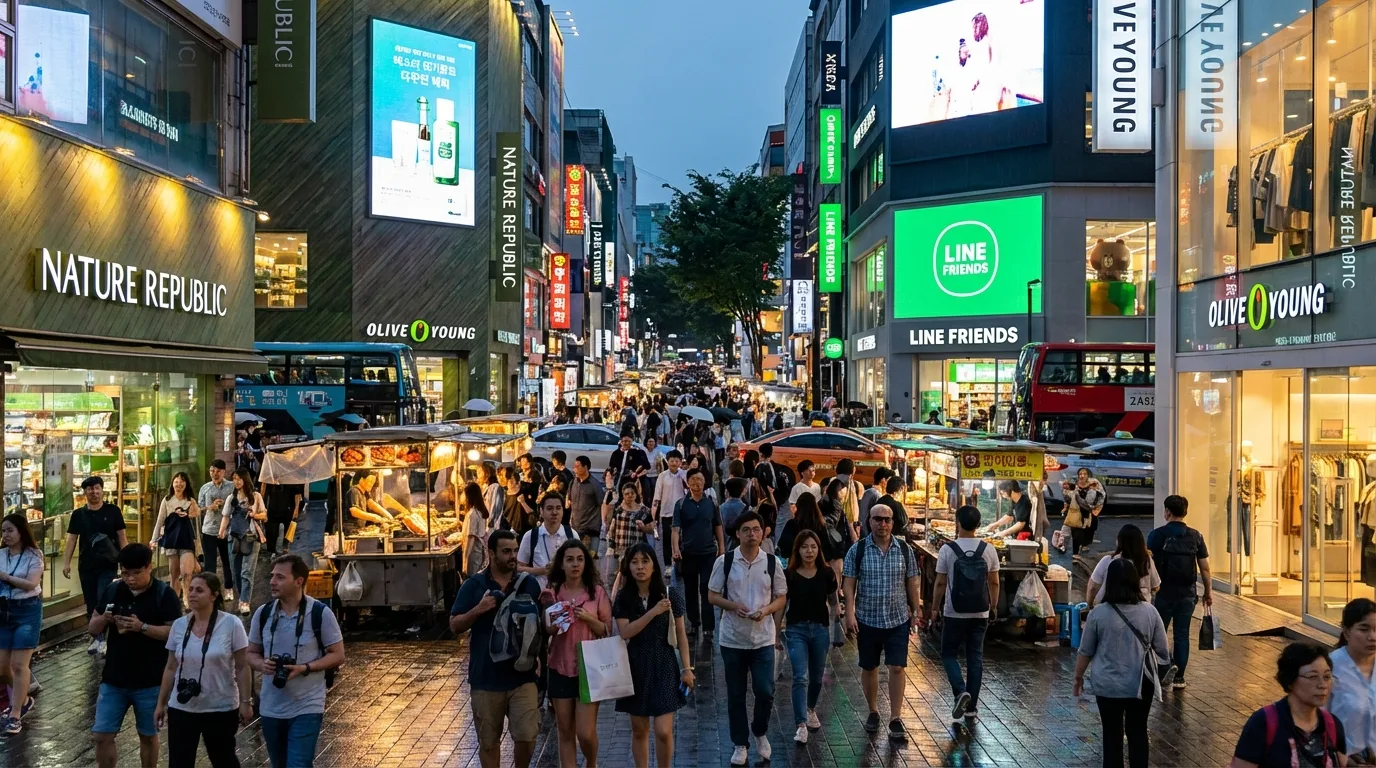 명동 쇼핑 거리의 밤 풍경과 간판 조명