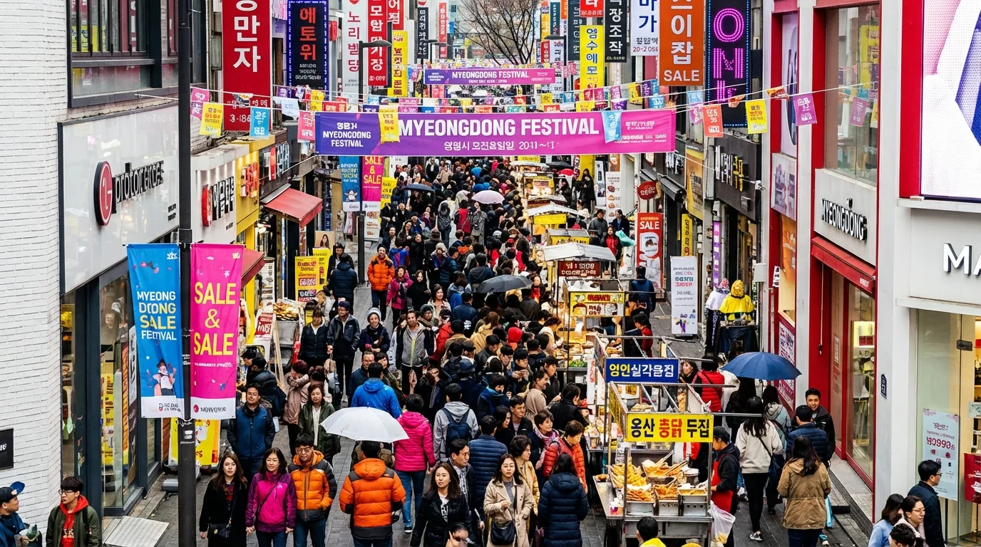 Heavy weekend crowd density on Myeongdong street