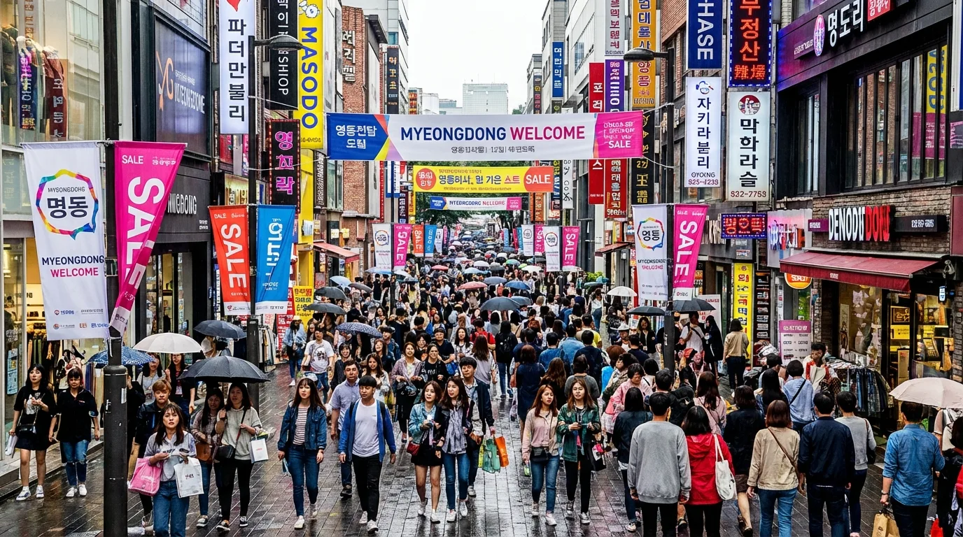 주말 인파가 몰린 명동 거리의 높은 밀도