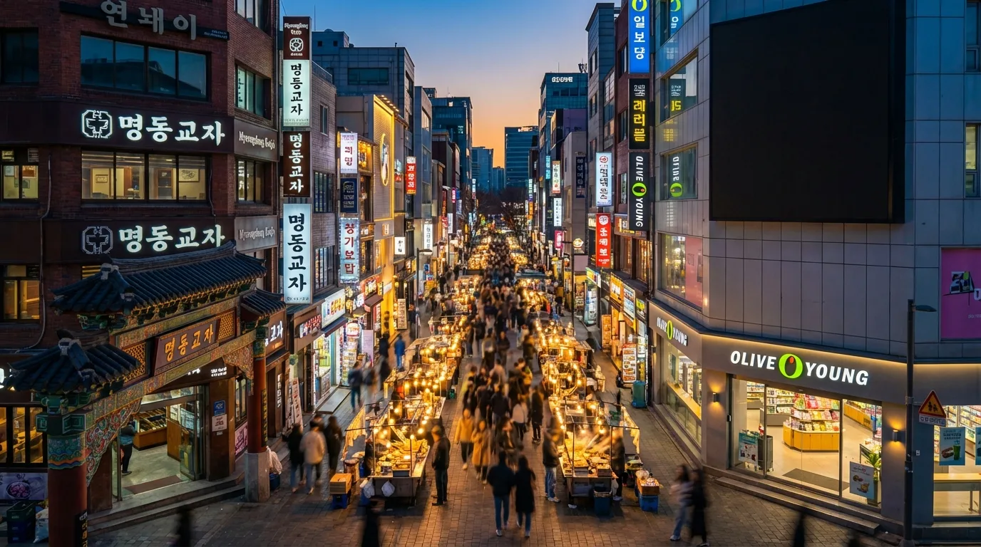 Easy Myeongdong night photo spot for first-time Seoul visitors