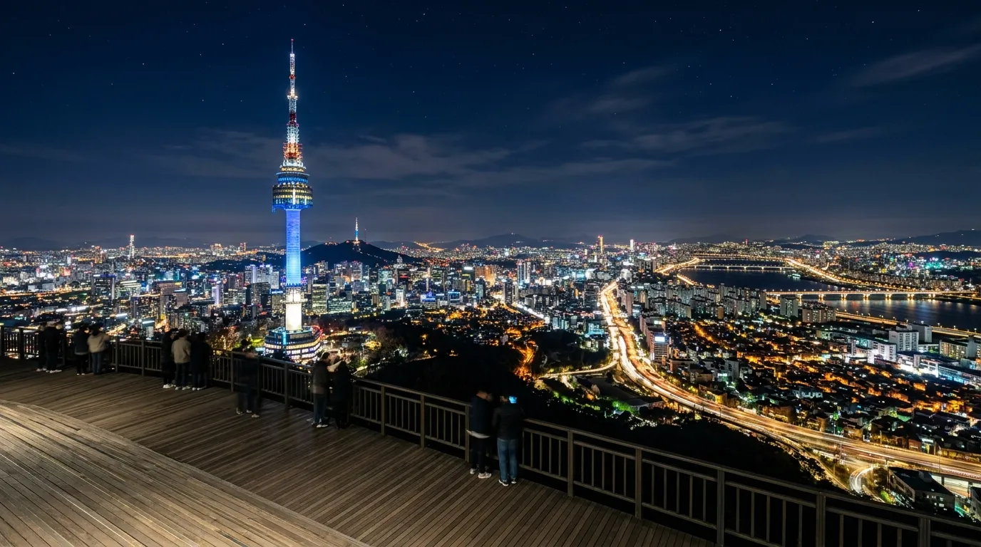 Night view of Seoul cityscape from N Seoul Tower outdoor deck — Iconic Korea travel landmark