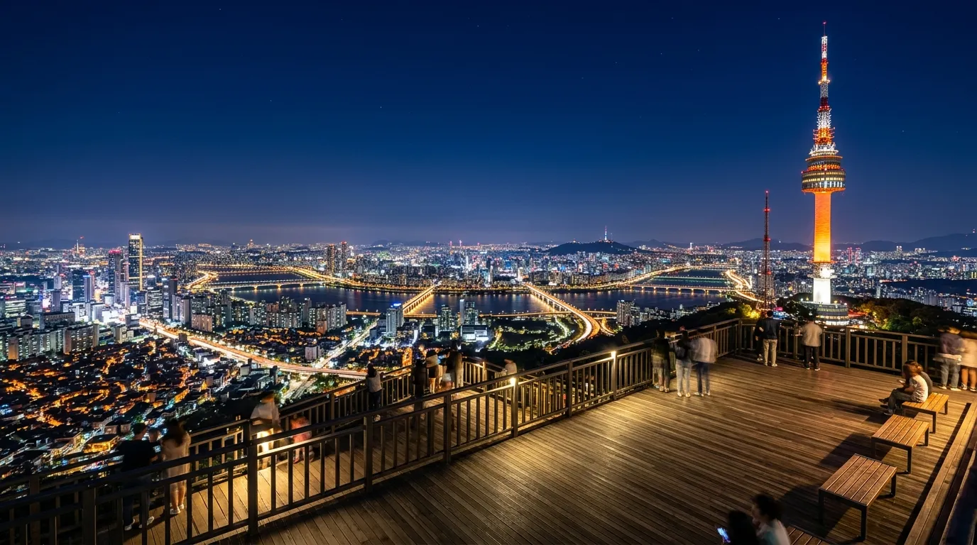 남산 N서울타워 야외 데크에서 바라본 서울 도심 야경 — 한국 대표 야경 명소