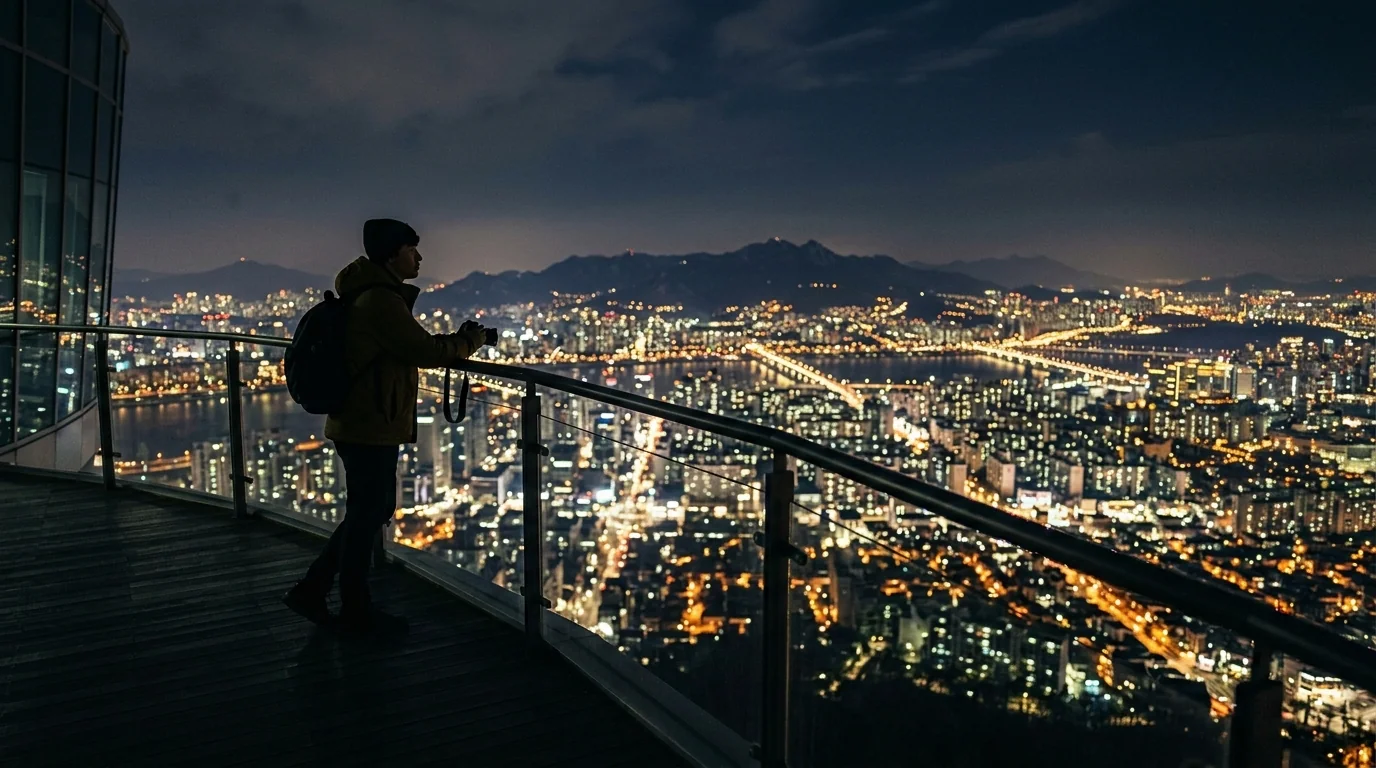 Visitor silhouette looking out from the N Seoul Tower observatory