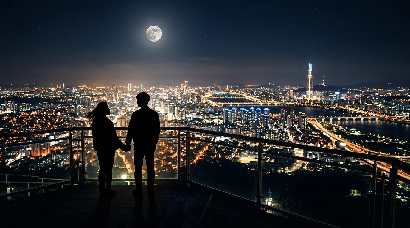 남산타워 전망대에서 서울 시야를 감상하는 방문자 뒷모습