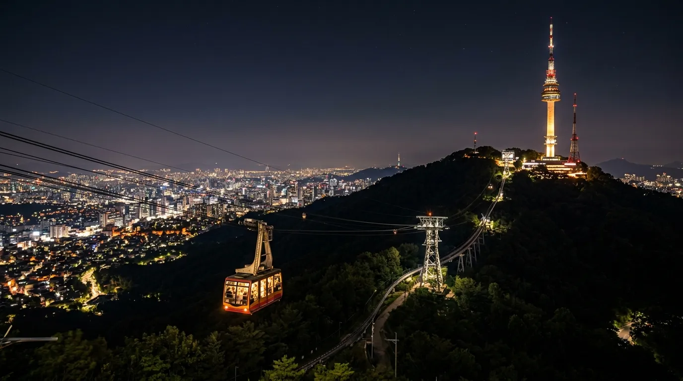Person looking at Seoul night view from N Seoul Tower observatory interior