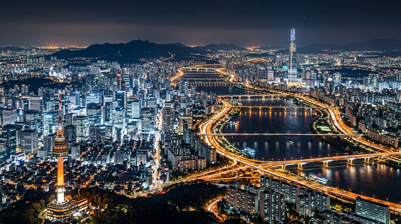 초고층 전망대와 남산 시야 차이를 보여 주는 서울 구도