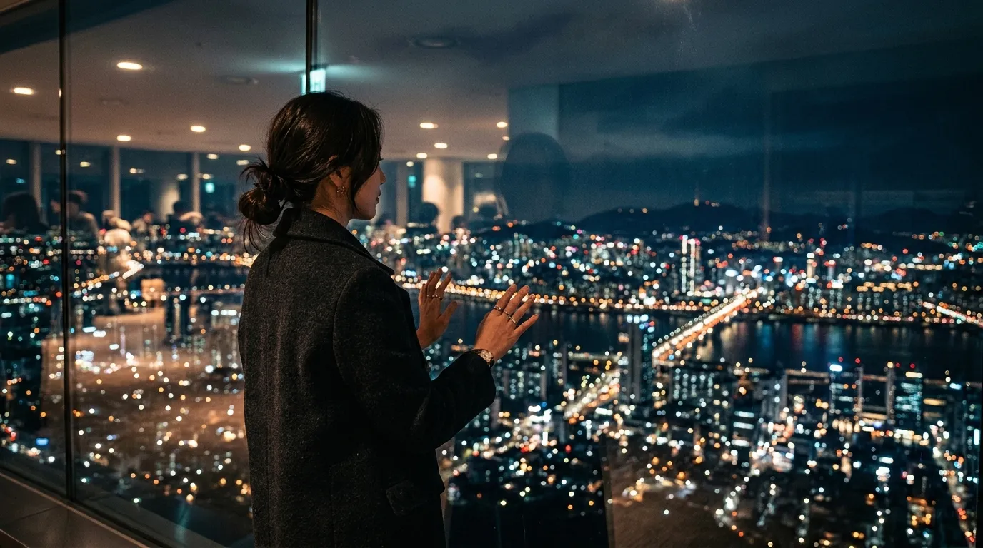 남산 전망대에서 내려다본 서울 도심 도로와 한강 다리 야경 — 서울 가이드