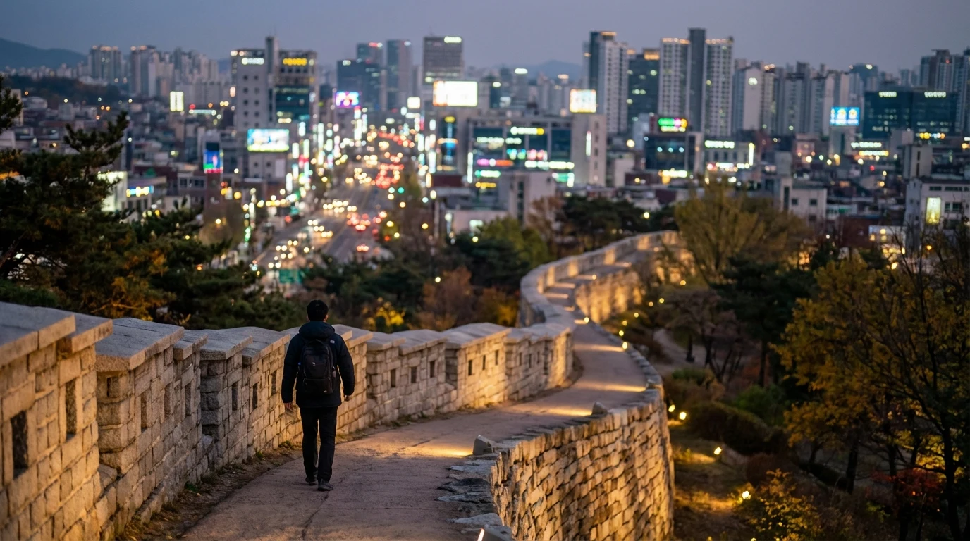 Mid-distance Naksan frame where the fortress wall trail meets lower Seoul city lights
