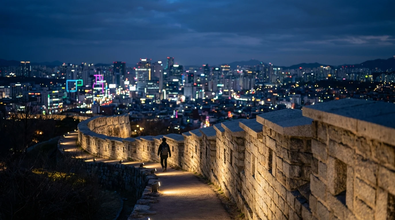 성곽길 선과 서울 도심 불빛이 함께 잡히는 낙산공원 야경 포토존