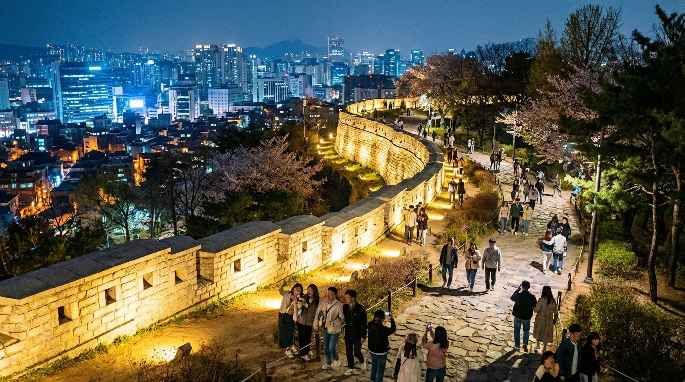 Beginner-friendly Naksan night trail route following the fortress wall above Seoul