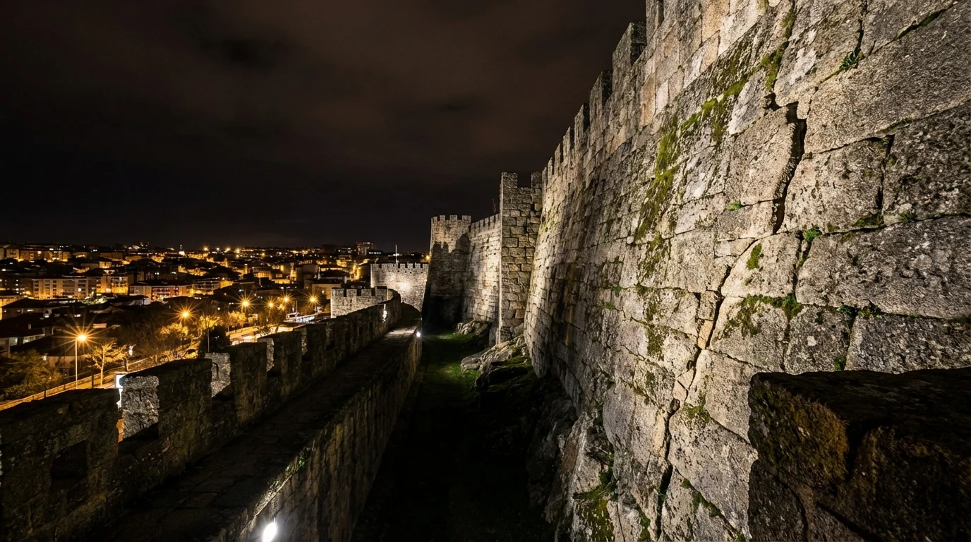 Seoul city wall texture at Naksan with distant night lights layered behind it