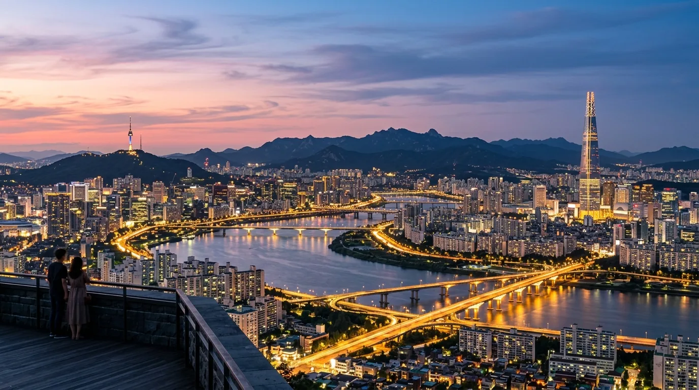 서울 블루아워 시간대 남산에서 본 서울 야경  입체적인 도시 실루엣