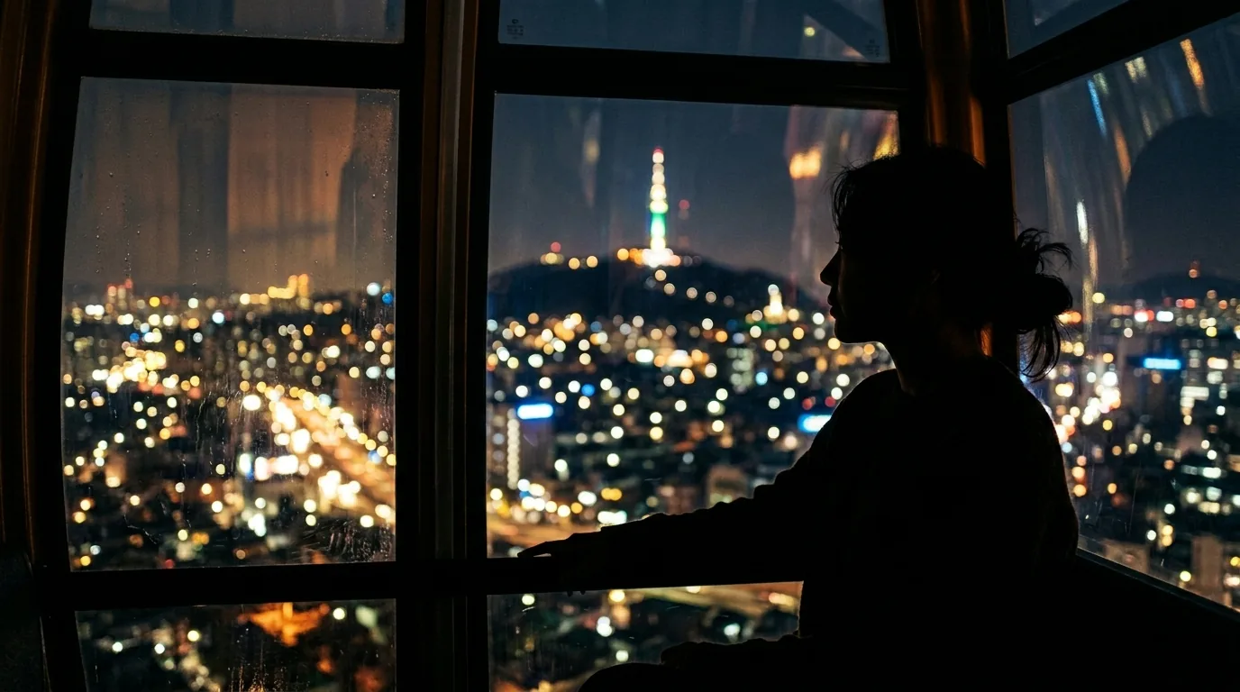 Lifestyle snap inside Namsan Cable Car  photography composition with night view