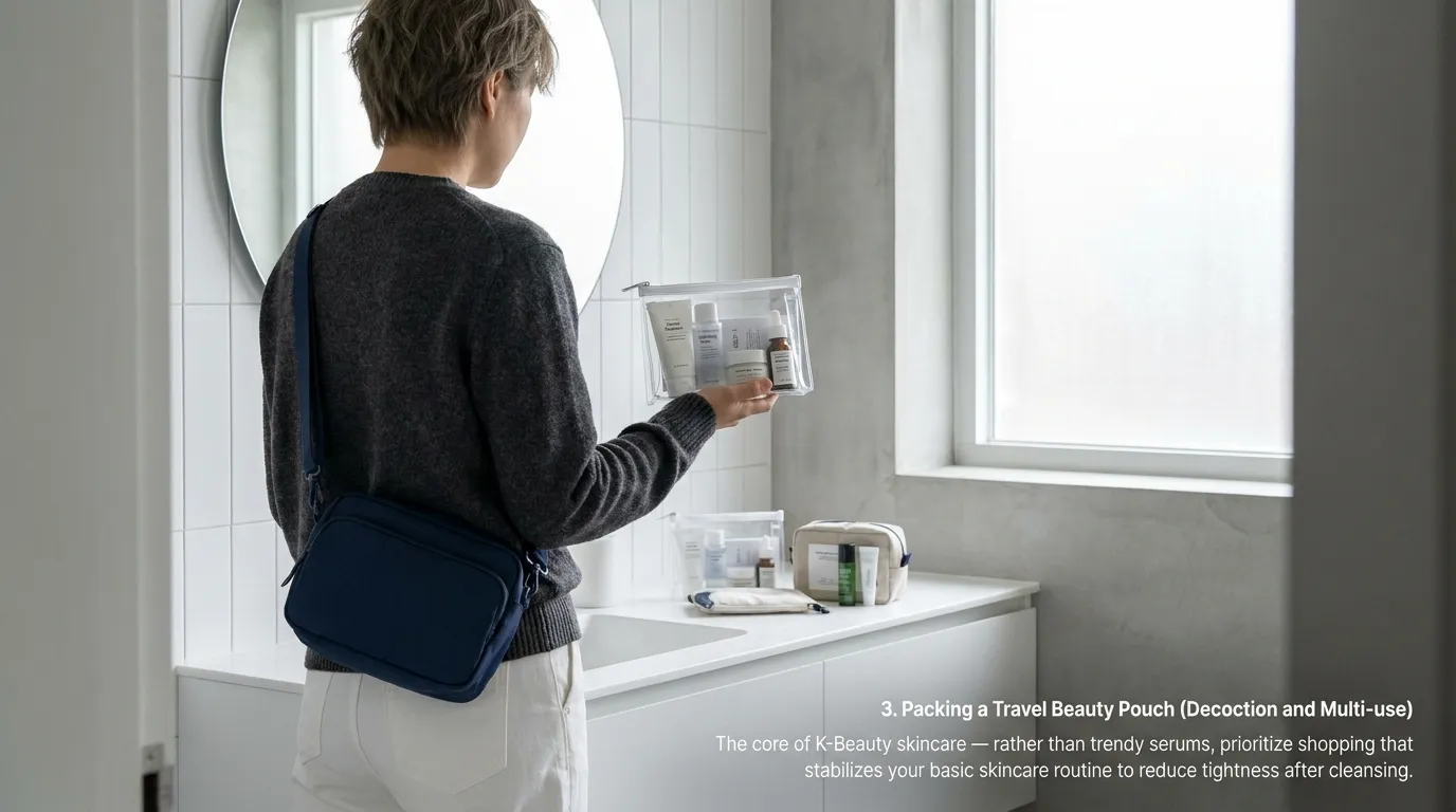 Minimalist travel K-beauty pouch with essential products and sizes