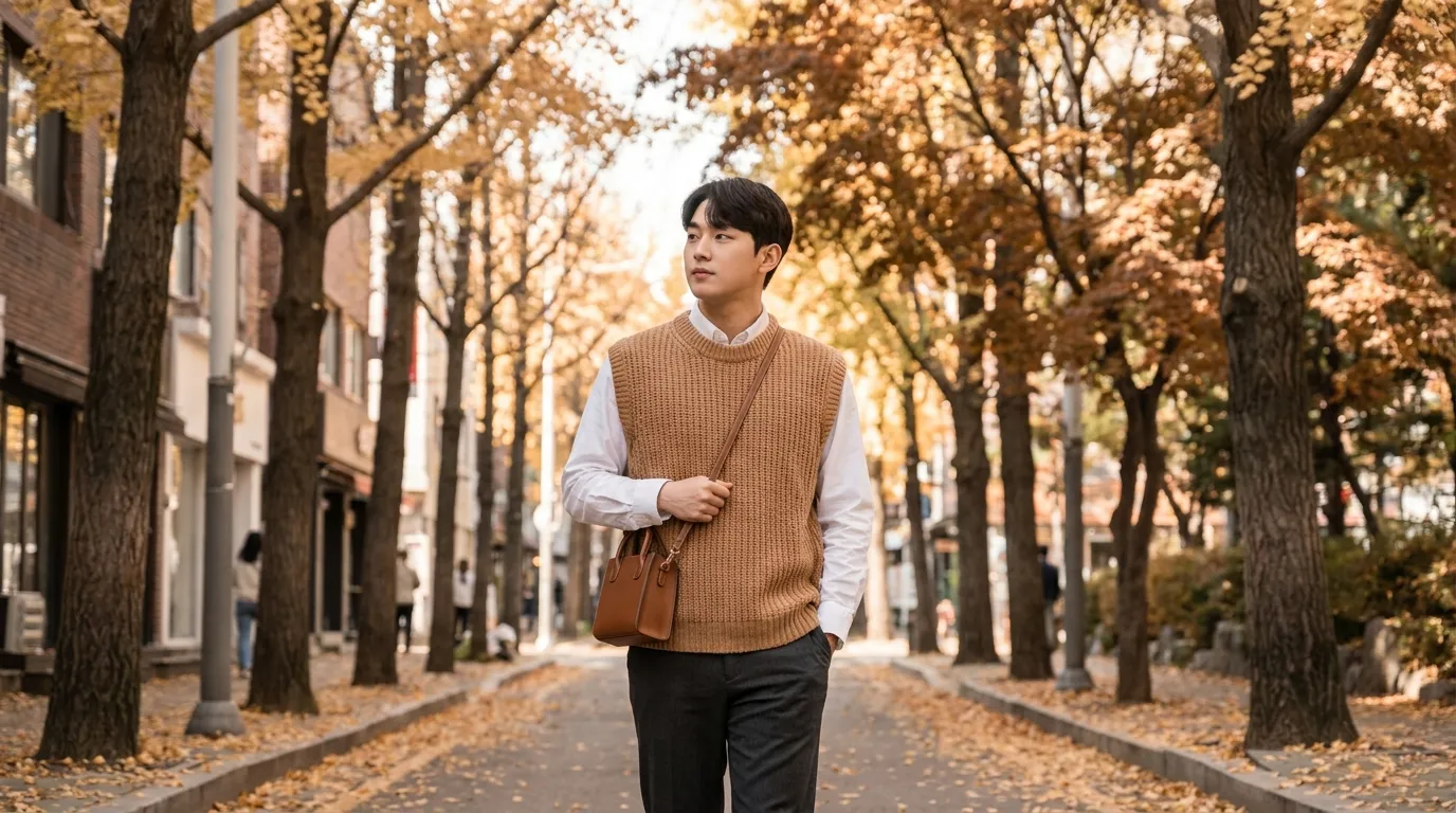 Autumn knit coordination with stylish brown-toned knit vest layering
