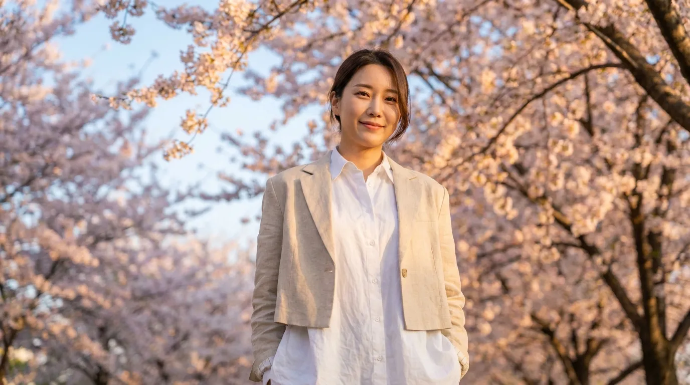 Korean spring outfit layering with a neat skirt and knit balance for campus-inspired styling