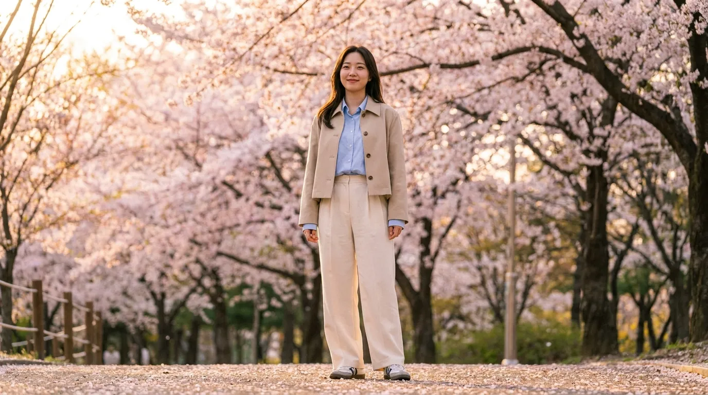 플리츠 스커트와 니트 레이어를 차분한 캠퍼스룩처럼 조절한 K패션 예시