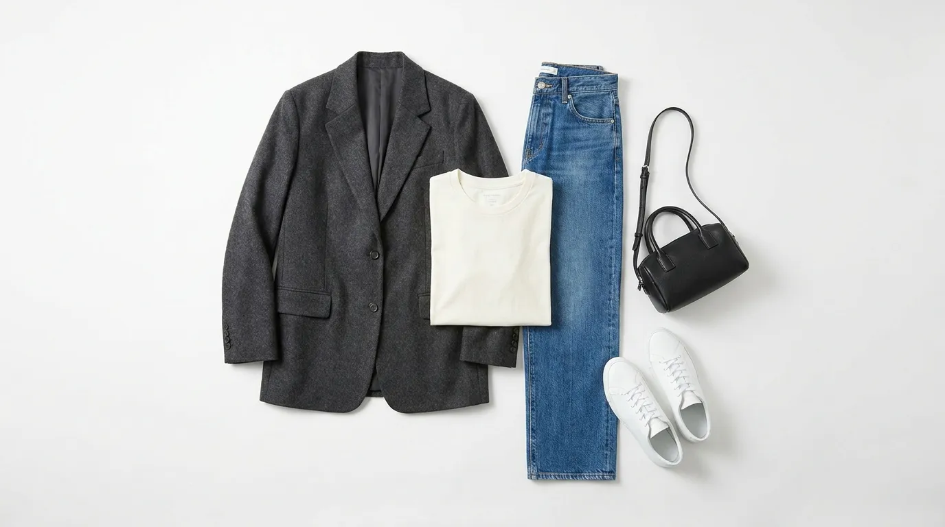 Minimal K-fashion outfit in calm colors that keeps a polished daily silhouette