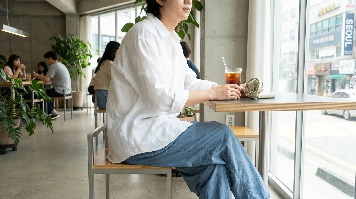Summer K-fashion outfit with breathable linen shirt and cool summer fabrics