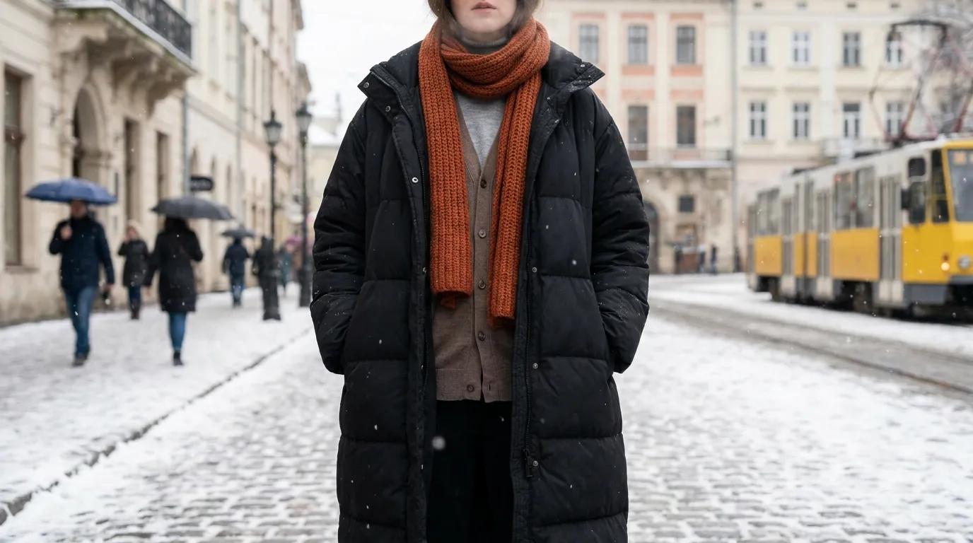 Winter padded coat coordination with muffler and warm layering