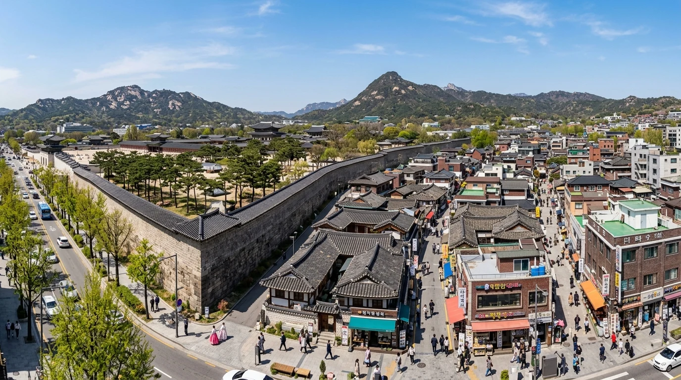 West wall path of Gyeongbokgung leading into the smaller residential streets of Seochon