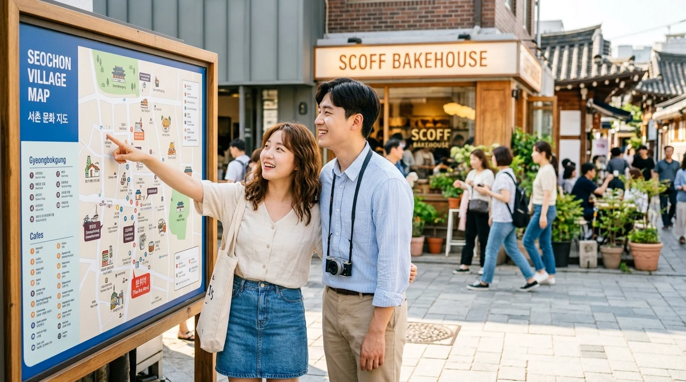 First-time visitor route through Seochon marked by calm alleys and an easy return path