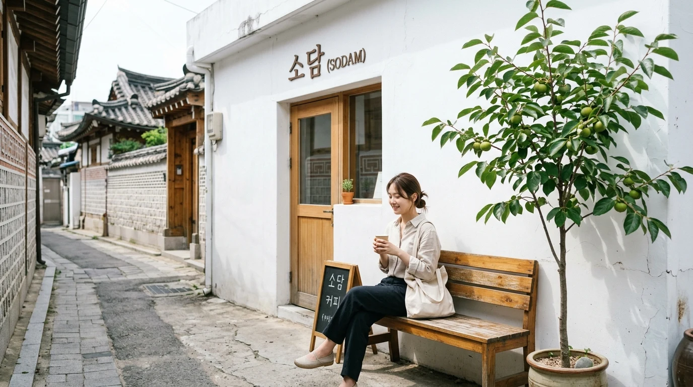 Minimal cafe front and wooden bench creating a casual Seochon photo stop