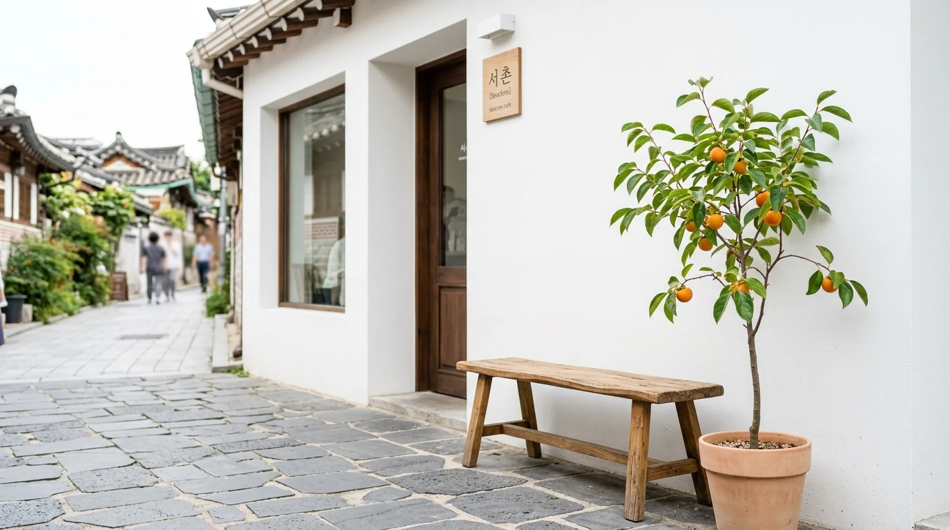 서촌 카페 코스 사진 포인트 — 나무 벤치와 카페 입면이 함께 보이는 서촌 데이트 장면