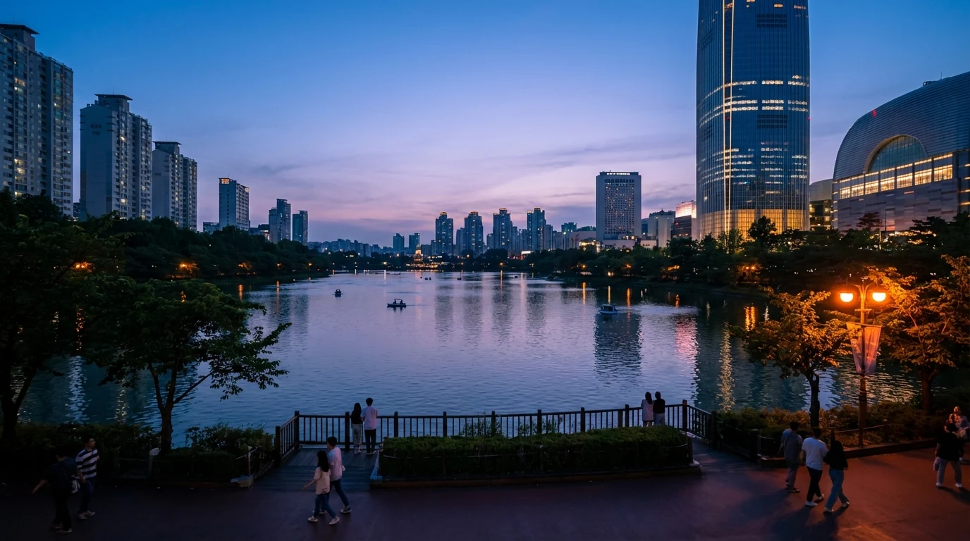 하늘빛이 남아 있는 초저녁 석촌호수 잠실 데이트 산책 분위기