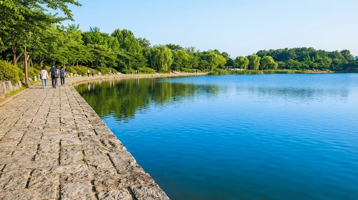 Lake surface and walking path held together in a balanced Seokchon photo angle