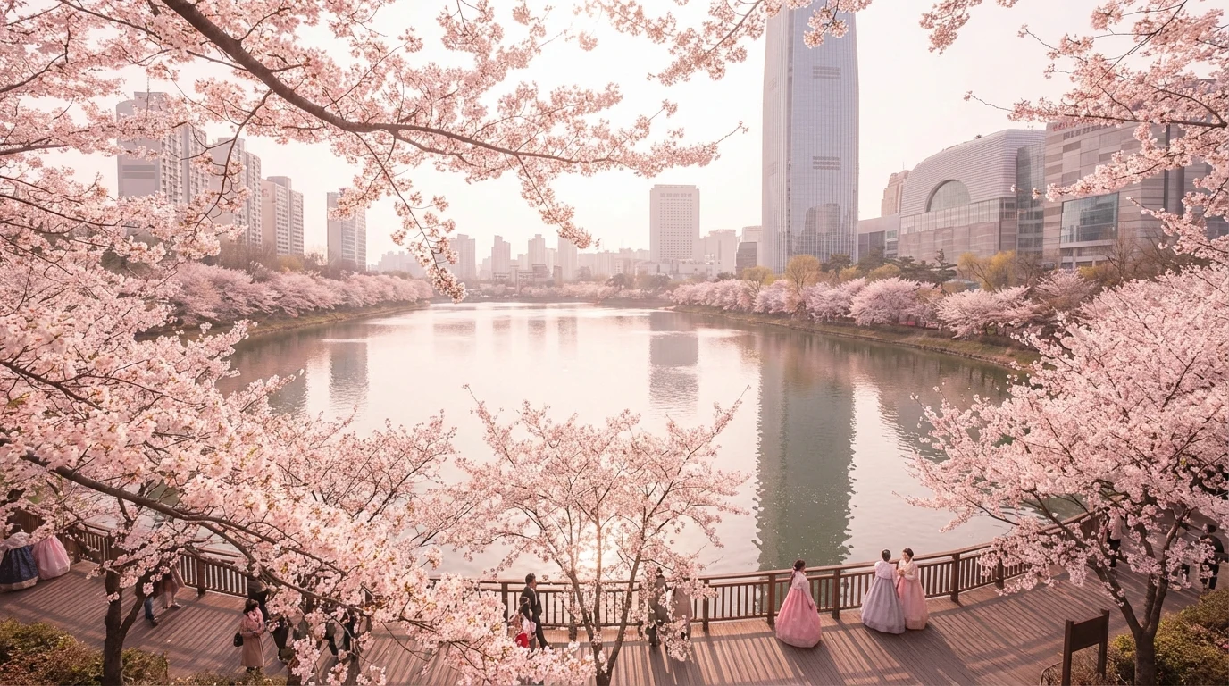 Cherry blossom season at Seokchon Lake with pink trees wrapping the lakeside route
