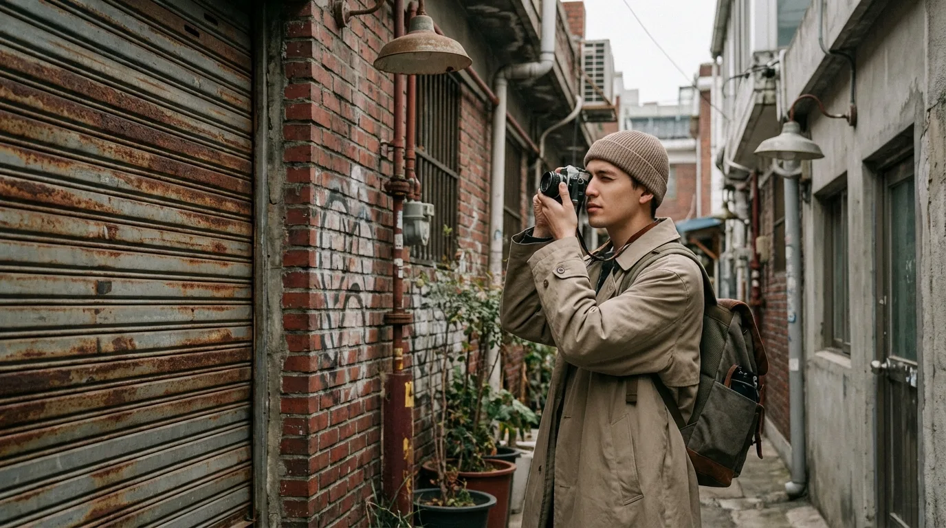 Person walking through a Seongsu alley while observing industrial textures and street details