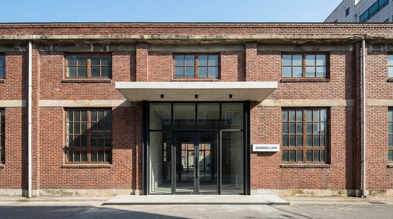 성수동의 오래된 공장 구조를 살린 벽돌 건물 카페 외관