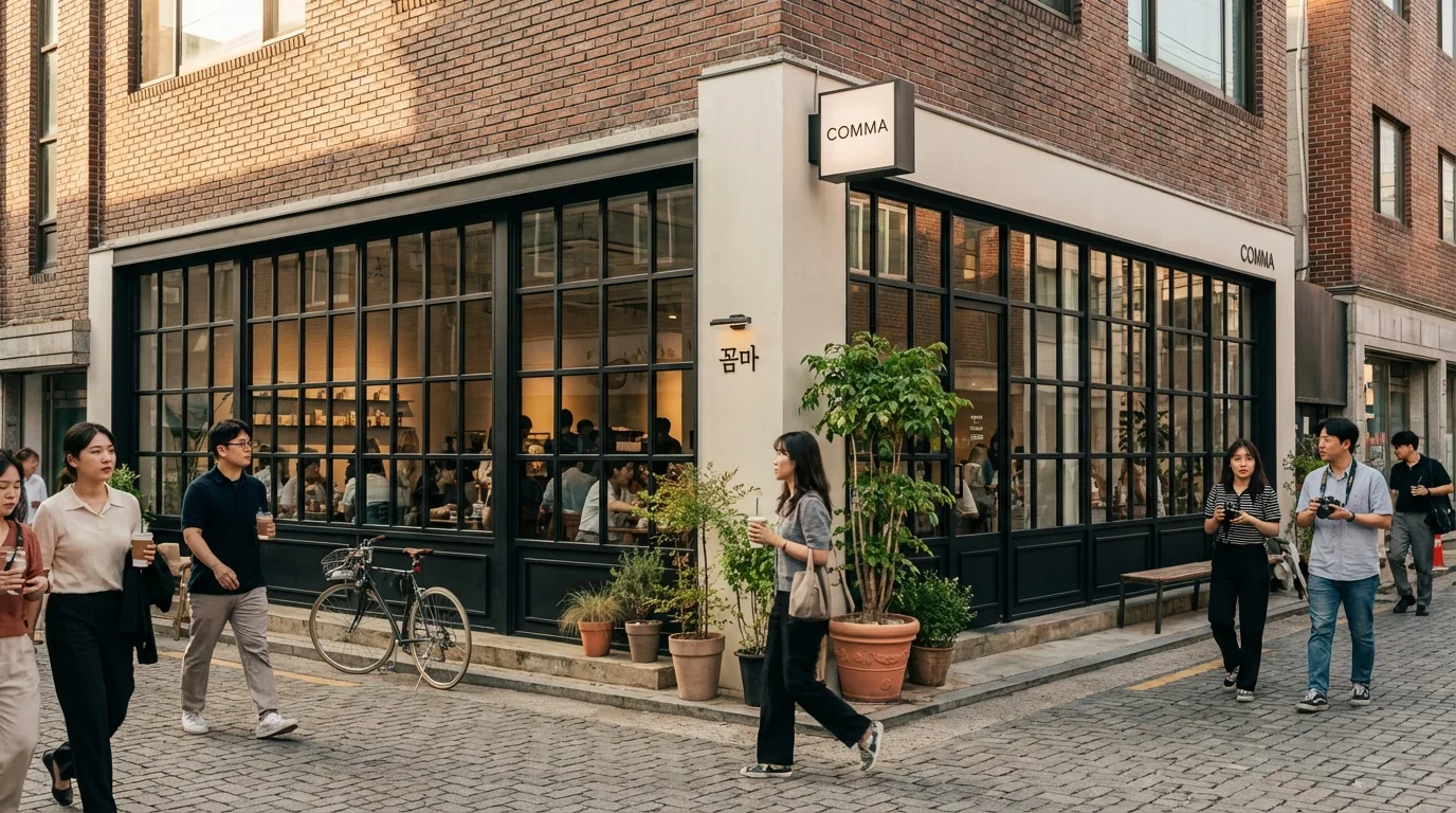 Seongsu cafe street scene where facades, windows, and the walking lane read together