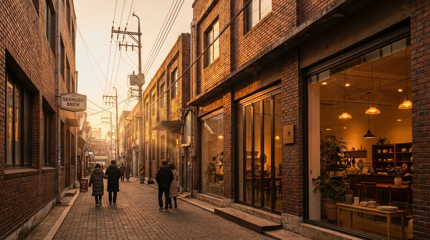 Seongsu alley at golden hour with warm light on industrial textures and brick walls